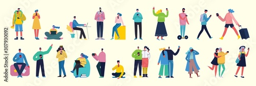 Connection background with people with laptop and smartphones. Chat, email messaging, sms, mobile concepts for web sites, web banners in modern flat design