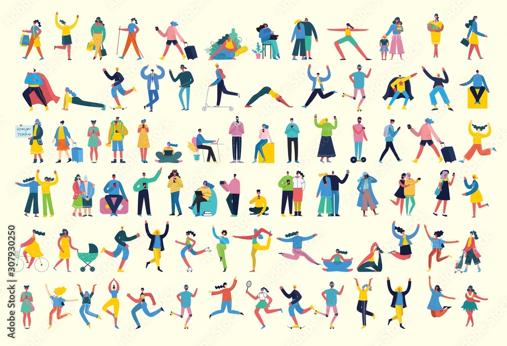 Bundle of cartoon men and women performing outdoor activities on city street. Flat colorful vector illustration people walking,standing, talking, running, jumping, sitting, dancing and doctors