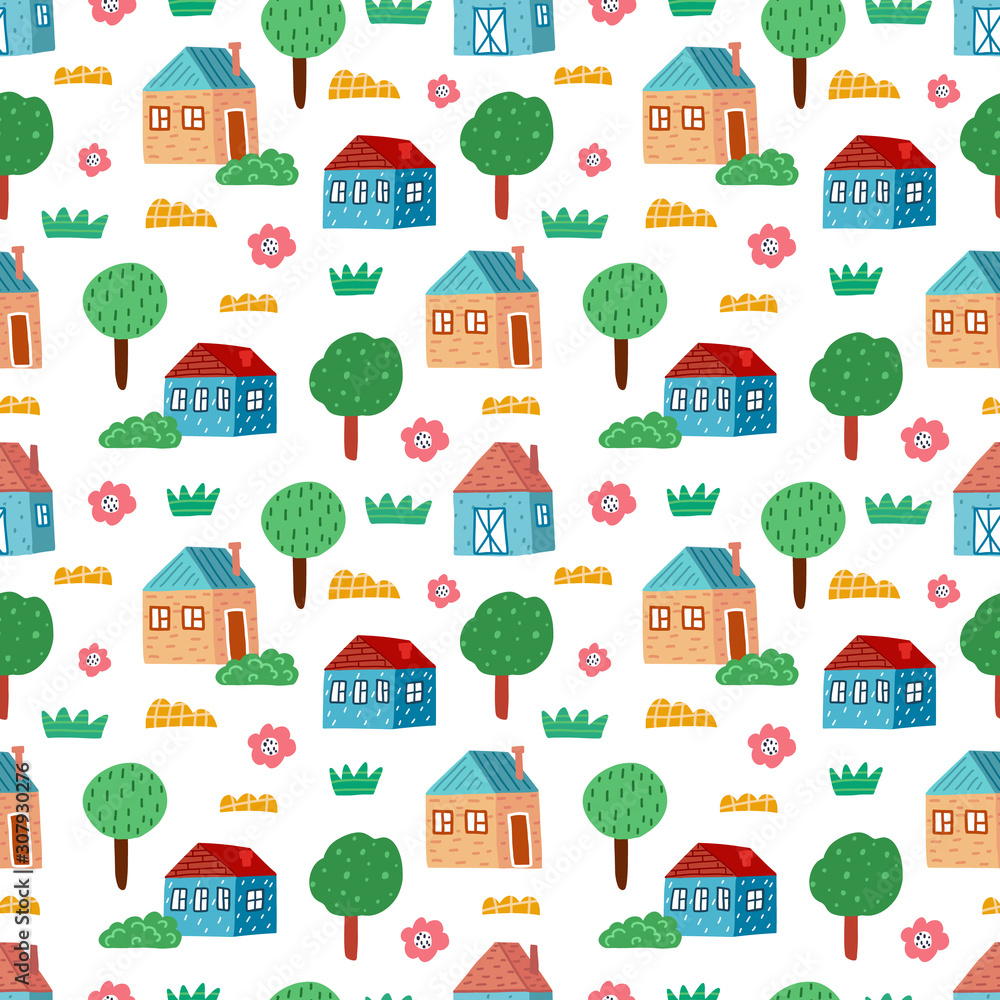 Cute colorful seamless pattern with hand drawn houses, trees, plants. Village background. Vector illustration