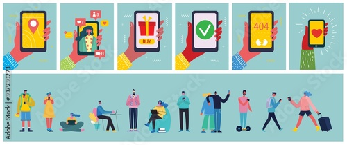 Connection background with people with laptop and smartphones. Chat, email messaging, sms, mobile concepts for web sites, web banners in modern flat design