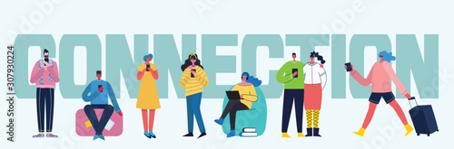 Connection background with people with smartphones. Chat, email messaging, sms, mobile concepts for web sites, web banners in modern flat design