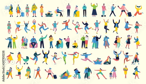 Bundle of cartoon men and women performing outdoor activities on city street. Flat colorful vector illustration people walking,standing, talking, running, jumping, sitting, dancing