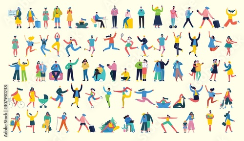 Bundle of cartoon men and women performing outdoor activities on city street. Flat colorful vector illustration people walking standing  talking  running  jumping  sitting  dancing