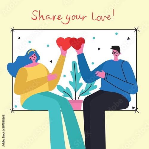 Share your Love. People with hearts as love massages. Vector illustration for Valentine's day in the modern flat style