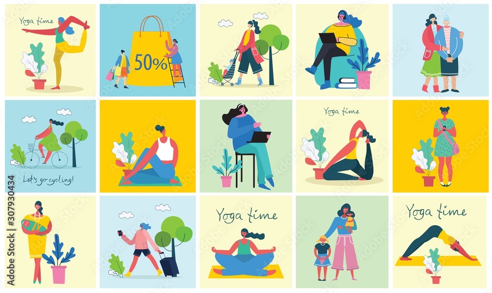 Fototapeta premium Colorful vector set of different activities of women for Happy Women's internarional day cards, posters and banners . Group of happy female friends, mothers in flat design