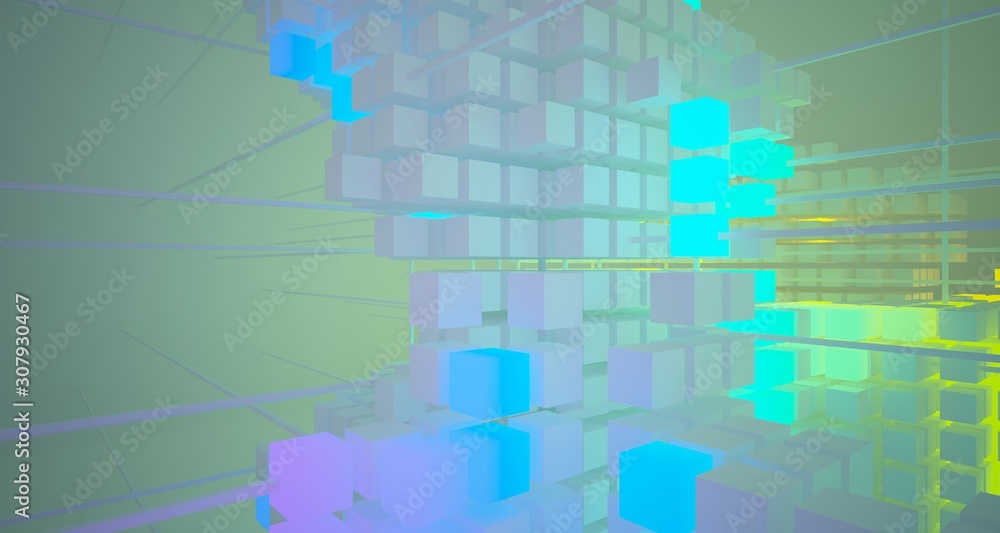 Obraz premium Abstract architectural white interior from array cubes with color gradient neon lighting. 3D illustration and rendering.