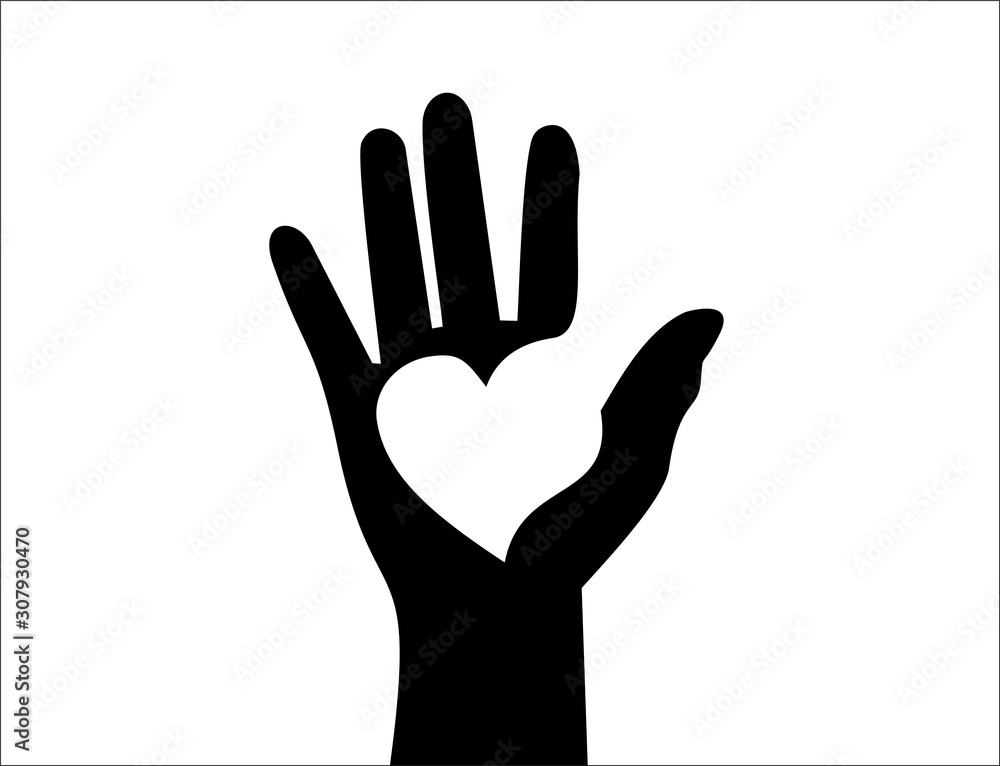 Raised hand with heart on its palm. Help, charity and love concept. Flat design Raised hand with heart on its palm. Help, charity and love concept. Flat design