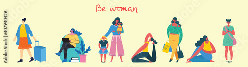 Colorful vector illustration concept set of different activities of women for Happy Women's internarional day cards, posters and banners . Group of happy female friends, mothers in flat design