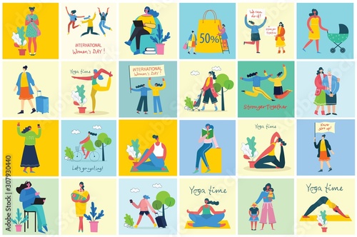 Colorful vector illustration concept set of different activities of women for Happy Women's internarional day cards, posters and banners . Group of happy female friends, mothers in flat design