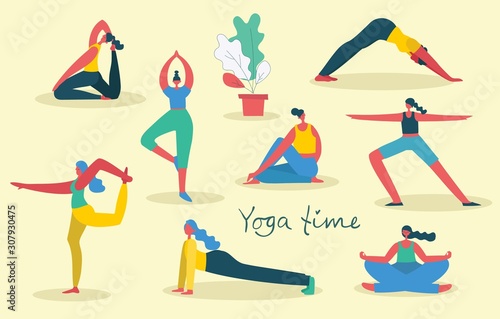 Vector illustration concept flat design of women doing yoga background