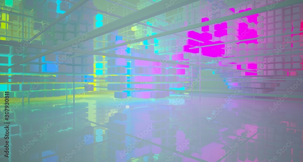 Abstract architectural white interior from array cubes with color gradient neon lighting. 3D illustration and rendering. Abstract architectural white interior from array cubes with color gradient neon lighting. 3D illustration and rendering.