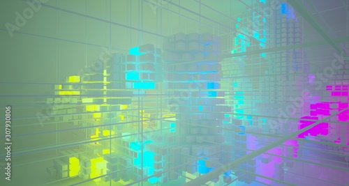 Abstract architectural white interior from array cubes with color gradient neon lighting. 3D illustration and rendering.
