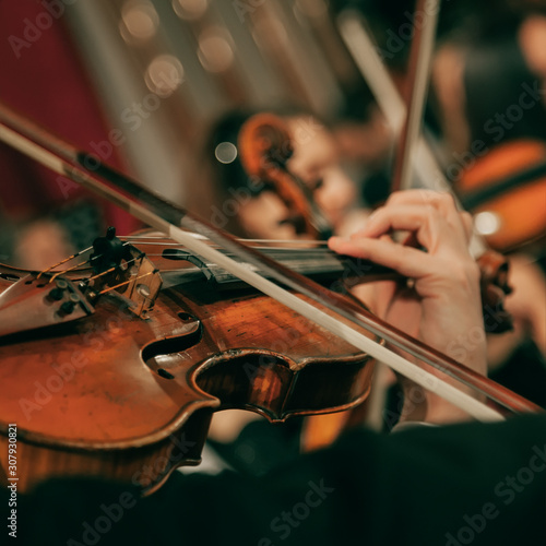 Canvas Print Symphony orchestra on stage, hands playing violin