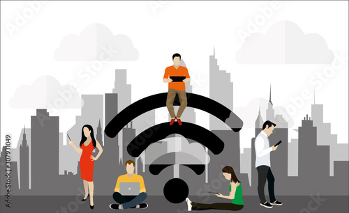 People in free internet zone working on laptops sitting on a big wifi sign. Free wifi hotspot, wifi bar, public assess zone, portable device concept. Vector illustration, template. Character design