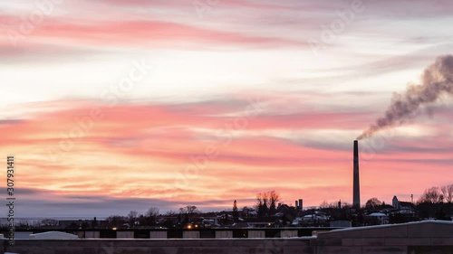 Timelapse of superstack mining chimney in Sudbury during a winter sunset