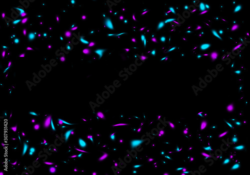 Neon cyan and purple splashes on black background. Template with a place for your text. Abstract texture for web-design  digital printing or concept design.