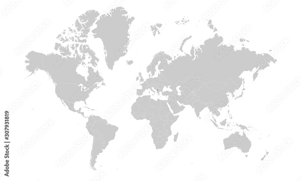 Kosovo map highlighted red on world map vector. gray background.