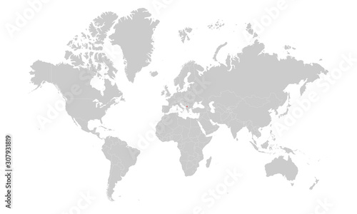 Kosovo map highlighted red on world map vector. gray background.