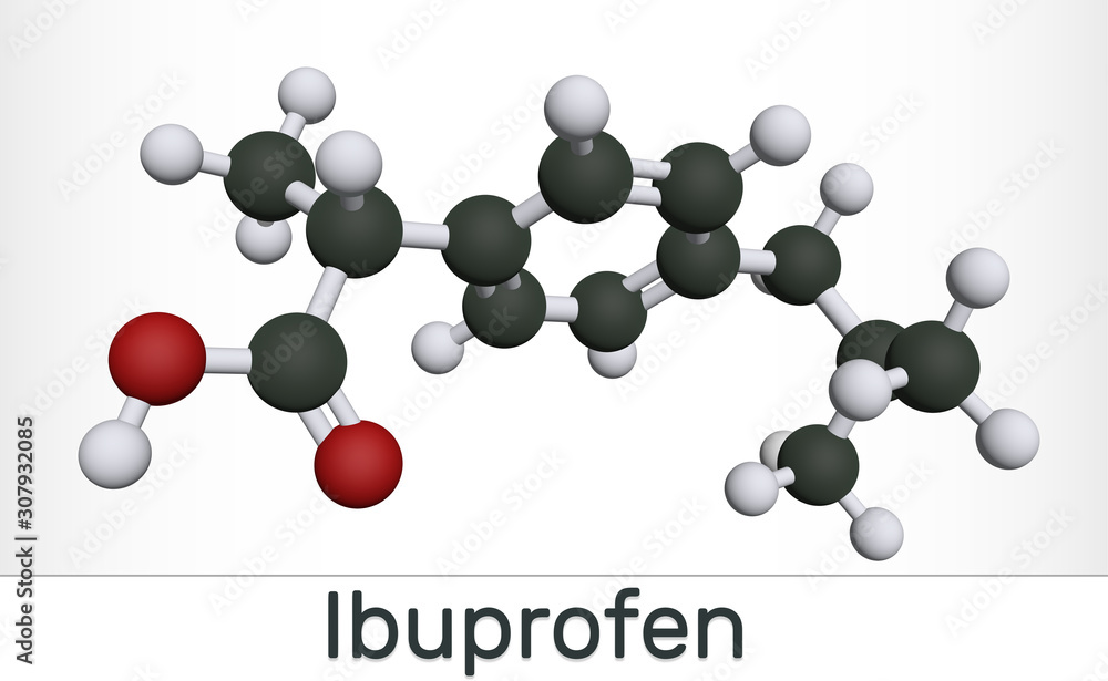 Ibuprofen molecule, is a nonsteroidal anti-inflammatory drug NSAID drug. Molecule model. Ball and stick Ibuprofen molecule, is a nonsteroidal anti-inflammatory drug NSAID drug. Molecule model. Ball and stick