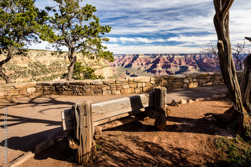 Rustic bench along the South Rim of the Grand Canyon