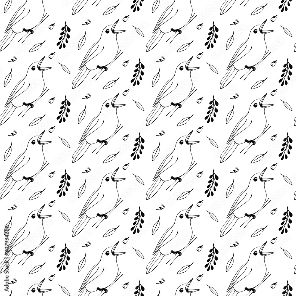 Floral seamless pattern with birds. Cartoon vector background. Monochrome illustration. Birds on a tree branches seamless pattern over white. Vector illustration Floral seamless pattern with birds. Cartoon vector background. Monochrome illustration. Birds on a tree branches seamless pattern over white. Vector illustration