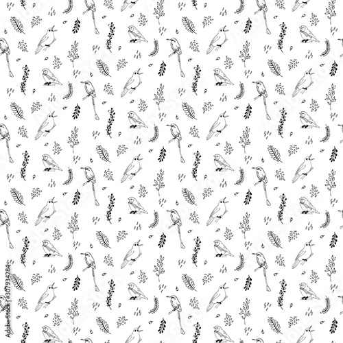 Floral seamless pattern with birds. Cartoon vector background. Monochrome illustration. Birds on a tree branches seamless pattern over white. Vector illustration