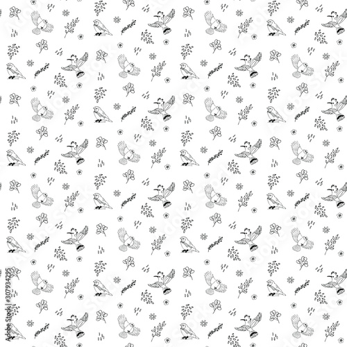 Floral seamless pattern with birds. Cartoon vector background. Monochrome illustration. Birds on a tree branches seamless pattern over white. Vector illustration