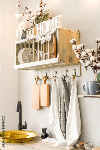 kitchen interior, sink kitchen towels and dishes in the interior