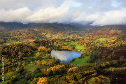 Beautiful vibrant aerial drone landscape image of sunrise in Autumn Fall over English countryside