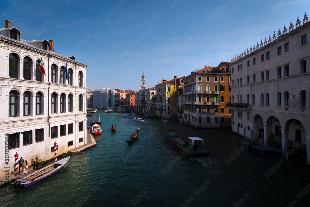 Fototapeta premium Architecture of old Venice at sunset. Panorama from the water. Classic view of the Grand Canal. Italy.