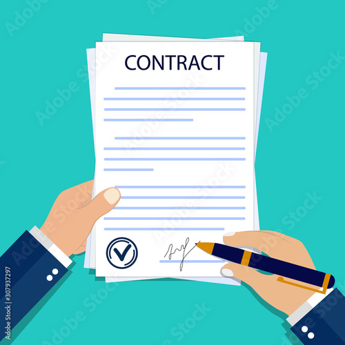 Man hands with paper contract. Obligation signature of contract on form document. Legal signature of treaty in flat style. Businessman signs official document. Hand signs contract. vector