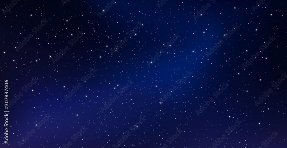 Night starry sky, blue shining space. Abstract dark background with stars, cosmos. Vector illustration for banner, brochure, web site design