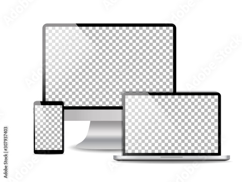 Computer, laptop, mobile phone mockup with blank screen. Set of device template with pc, smartphone, notebook isolated on transparent background. Layout digital electronic technology. vector