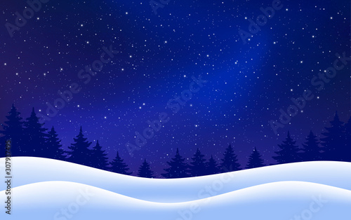 Vector winter starry background. Night with fir trees snow dark blue sky. Vector illustration. Merry Christmas card. Holiday scene design, decor for banner, web, poster. Vector illustration.