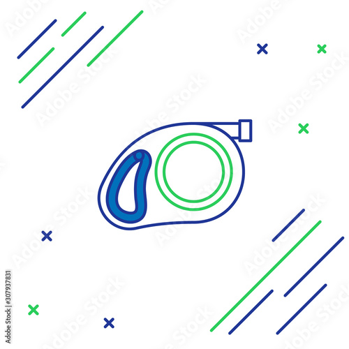 Blue and green line Retractable cord leash with carabiner icon on white background. Pet dog lead. Pet supplies. Animal accessory for outdoors walk. Colorful outline concept. Vector Illustration