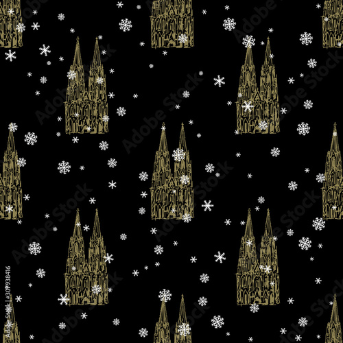 Seamless geometrical pattern with silhouettes of Cologne Cathedral (Kölner Dom) and snowflakes.	