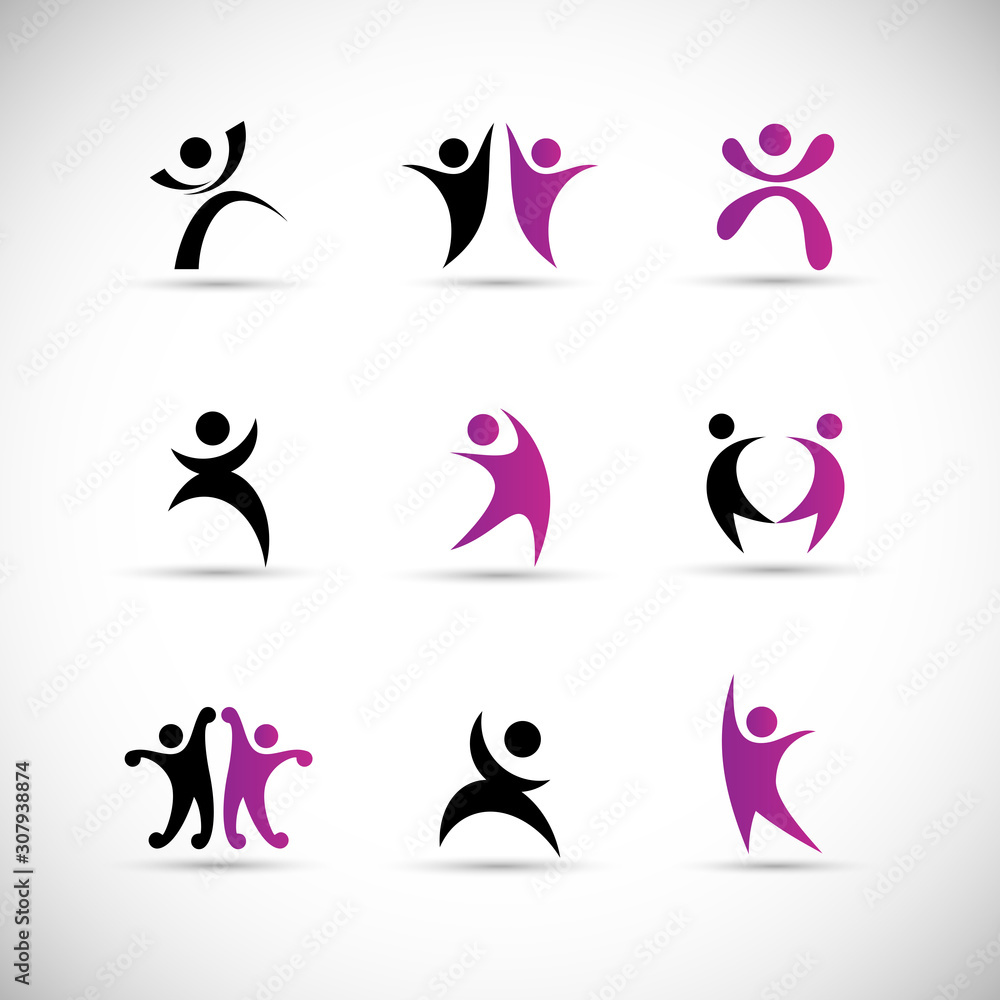 Abstract People Logo Set. Human Figure Isolated On Gray Background. Icons Collection For Human Success, Celebration Logo, Achievement Symbol And Activity. Different Happy People. Figure Logo, Vector
