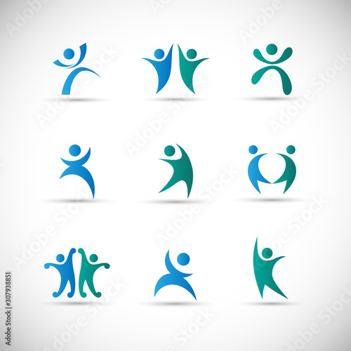 Abstract People Logo Set. Human Figure Isolated On Gray Background. Icons Collection For Human Success, Celebration Logo, Achievement Symbol And Activity. Different Happy People. Figure Logo, Vector