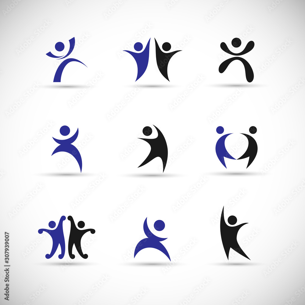 Abstract People Logo Set. Human Figure Isolated On Gray Background. Icons Collection For Human Success, Celebration Logo, Achievement Symbol And Activity. Different Happy People. Figure Logo, Vector Abstract People Logo Set. Human Figure Isolated On Gray Background. Icons Collection For Human Success, Celebration Logo, Achievement Symbol And Activity. Different Happy People. Figure Logo, Vector