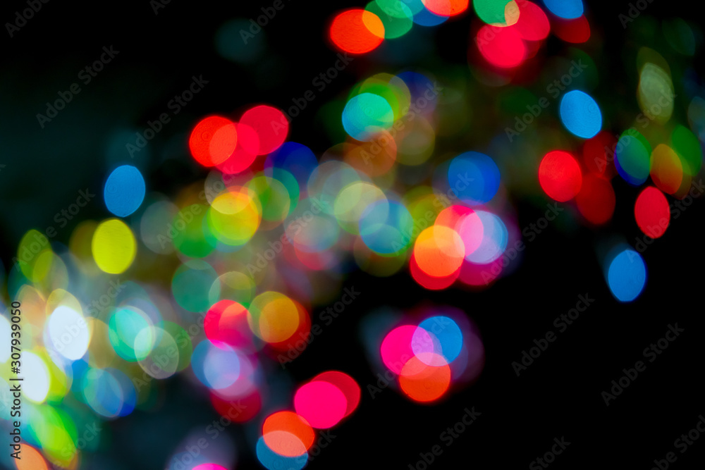 Festive lights blurred bokeh background real photo. Design element for color spots in lightener mode.
