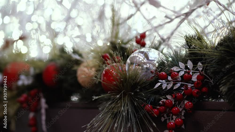 Fragment of Christmas decoration with balls and lights. Fragment of Christmas decoration with balls and lights.