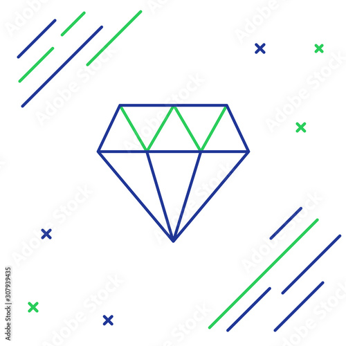 Blue and green line Diamond icon isolated on white background. Jewelry symbol. Gem stone. Colorful outline concept. Vector Illustration