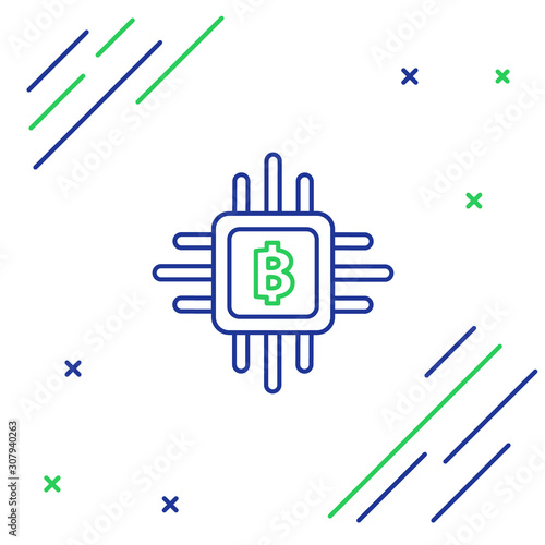 Blue and green line CPU mining farm icon on white background. Bitcoin sign inside processor. Cryptocurrency mining community. Digital money. Colorful outline concept. Vector Illustration
