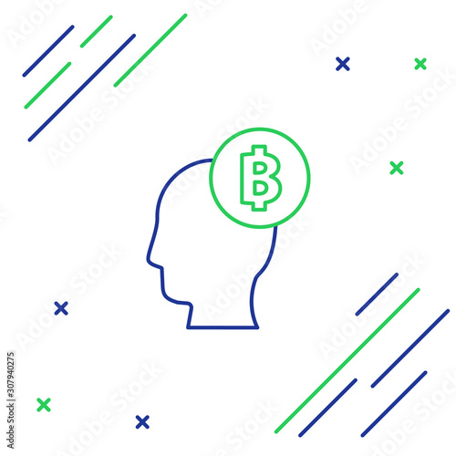 Blue and green line Bitcoin think icon on white background. Cryptocurrency head. Blockchain technology, digital money market, cryptocoin wallet. Colorful outline concept. Vector Illustration