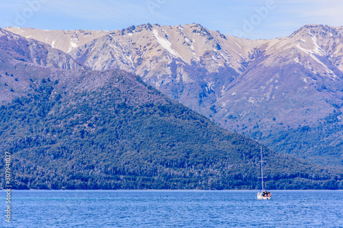 Landscape view of a yacht sailing on Nahuel Huapi Lake near Villa La Angostura, Patagonia, Argentina © Pedro Suarez