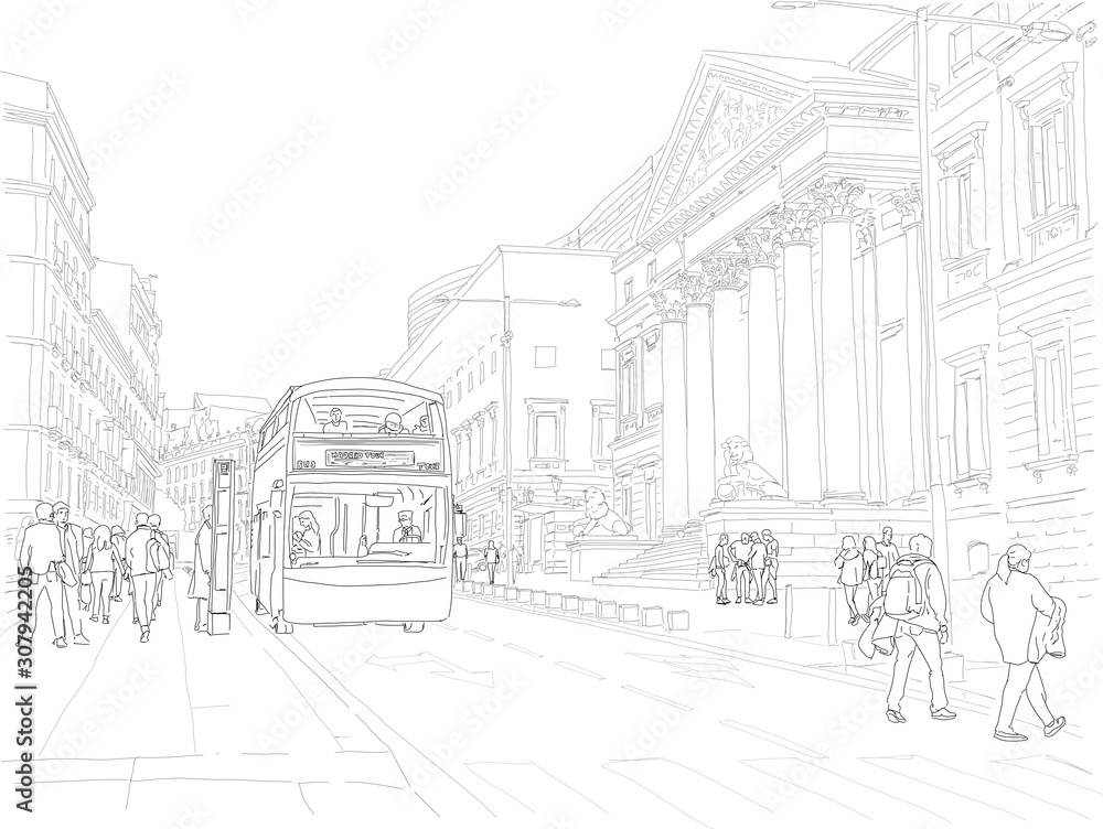 Hand drawn illustration. People ride a hop on hop off tourist bus downtown Madrid. Black and white.
