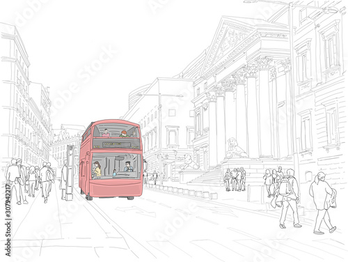Hand drawn illustration. People ride a hop on hop off tourist bus downtown Madrid. Bus in color.