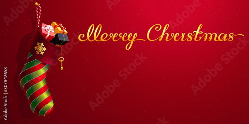 Christmas stocking with a golden snowflake, red and green decor. 3D realistic vector sock-shaped bag with a gift boxes. Original calligraphic text Merry Christmas. Red background with a copy space