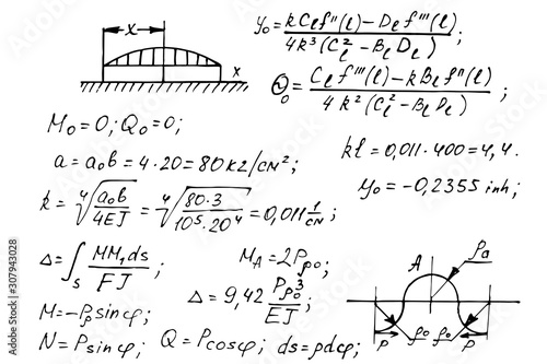 Physical notation with the equations, figures, schemes, plots and other calculations on whiteboard. Handwritten vector illustration. Scientific and educational background.