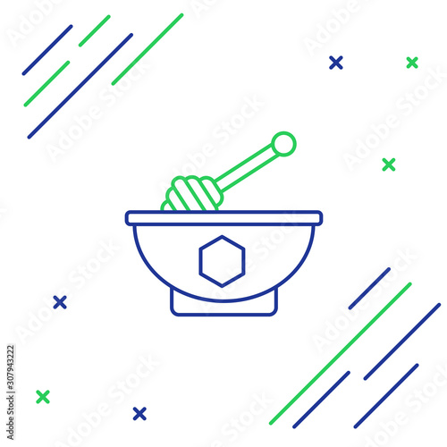 Blue and green line Honey dipper stick and bowl icon isolated on white background. Honey ladle. Colorful outline concept. Vector Illustration